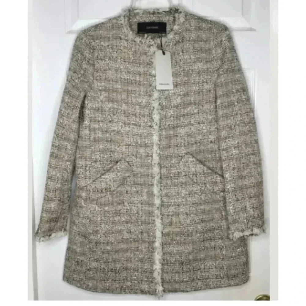New ZARA Red Beige Black Tweed Zip Fray Edge Midi Pocket Blazer Jacket Sz Medium